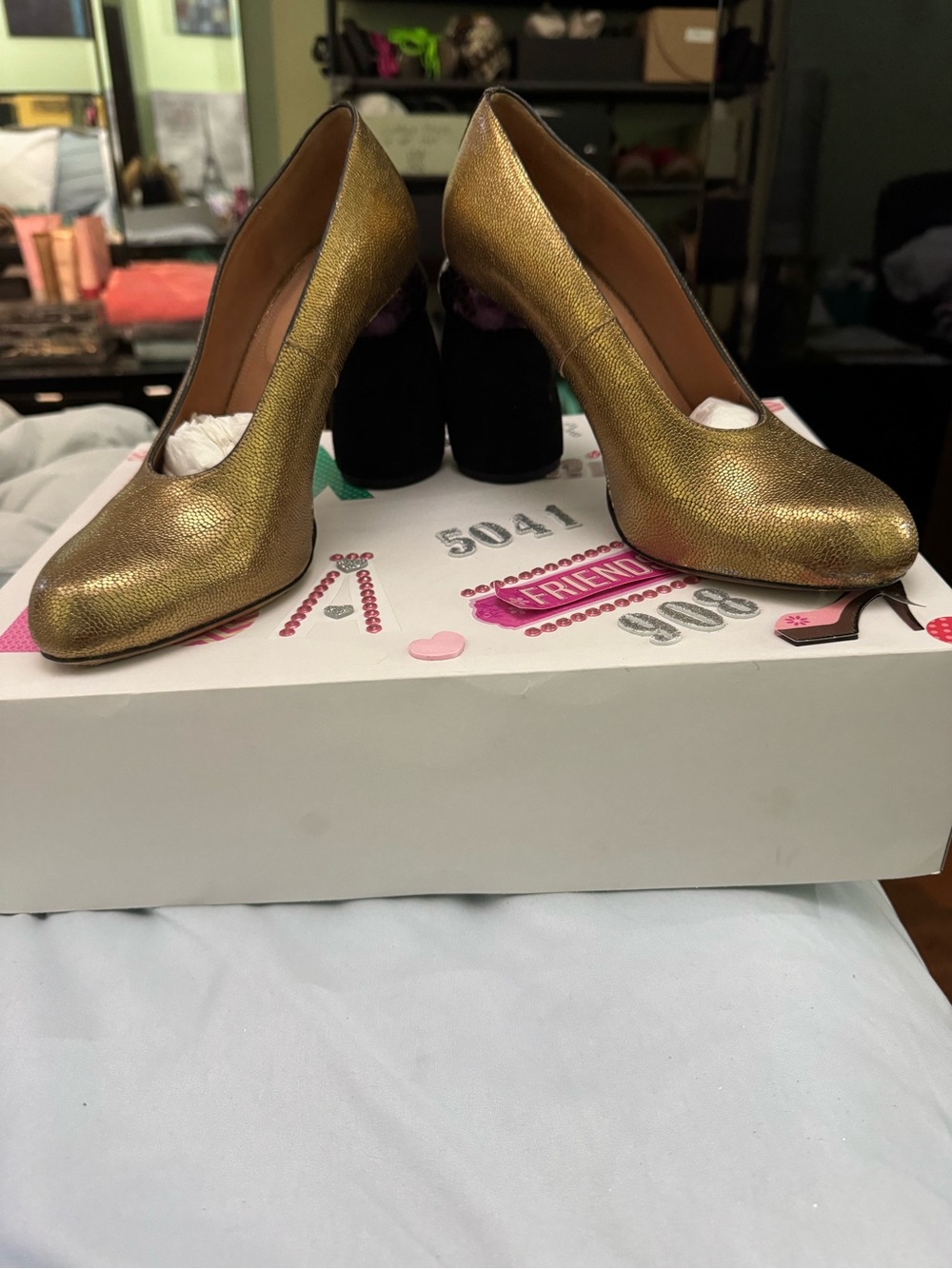 Dries Van Noten Gold Metallic Round-Toe Block Heels